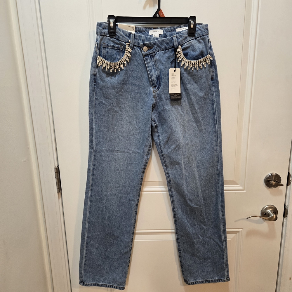 Forever 21 Light Blue Straight Leg Jeans with Beaded Accents